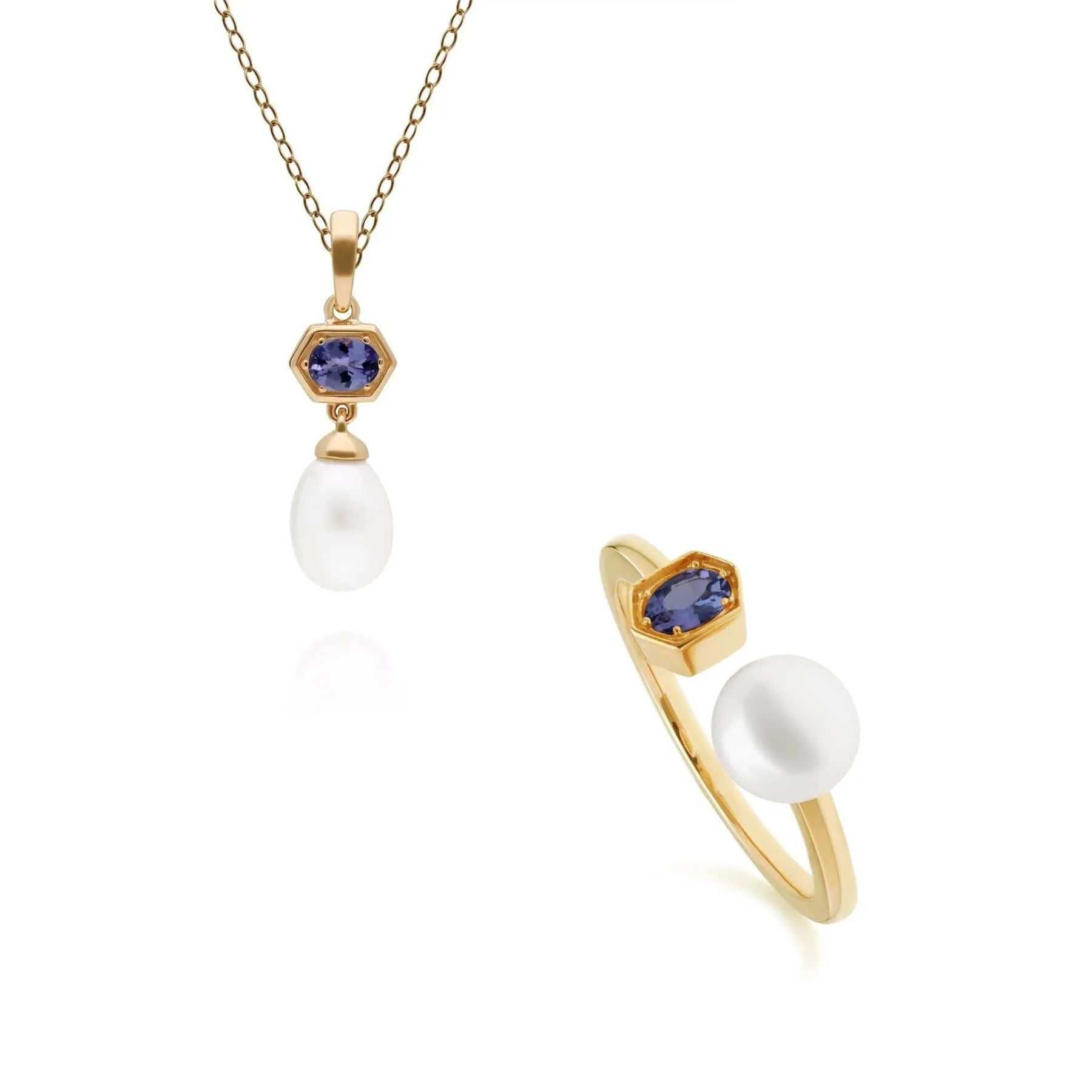 Modern Pearl & Tanzanite Pendant & Ring Set in Gold Plated Silver sold by Gemondo Jewellery