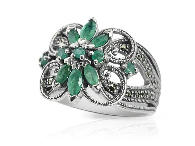 Art Nouveau Style Marquise Emerald & Marcasite Floral Silver Cocktail Ring sold by Gemondo Jewellery product image thumbnail 2