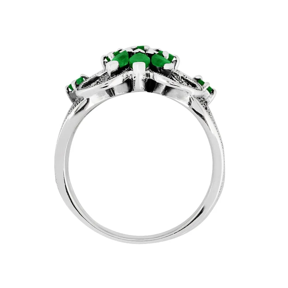 Art Nouveau Style Marquise Emerald & Marcasite Floral Silver Cocktail Ring sold by Gemondo Jewellery product image thumbnail 3