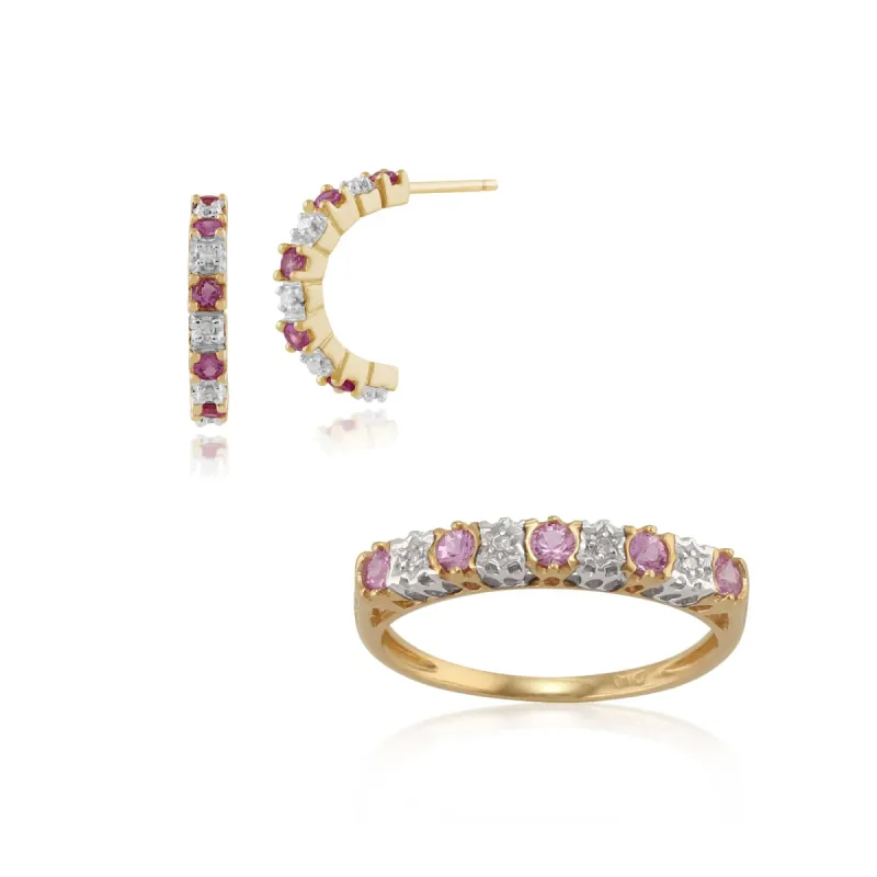 Classic Round Pink Sapphire & Diamond 9ct Yellow Gold Half Hoop Earrings & Half Eternity Ring sold by Gemondo Jewellery