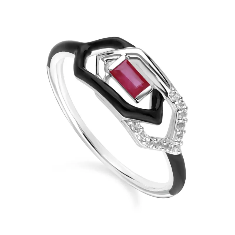 Grand Deco Enamel, White Topaz & Ruby Link Ring in 9ct White Gold sold by Gemondo Jewellery
