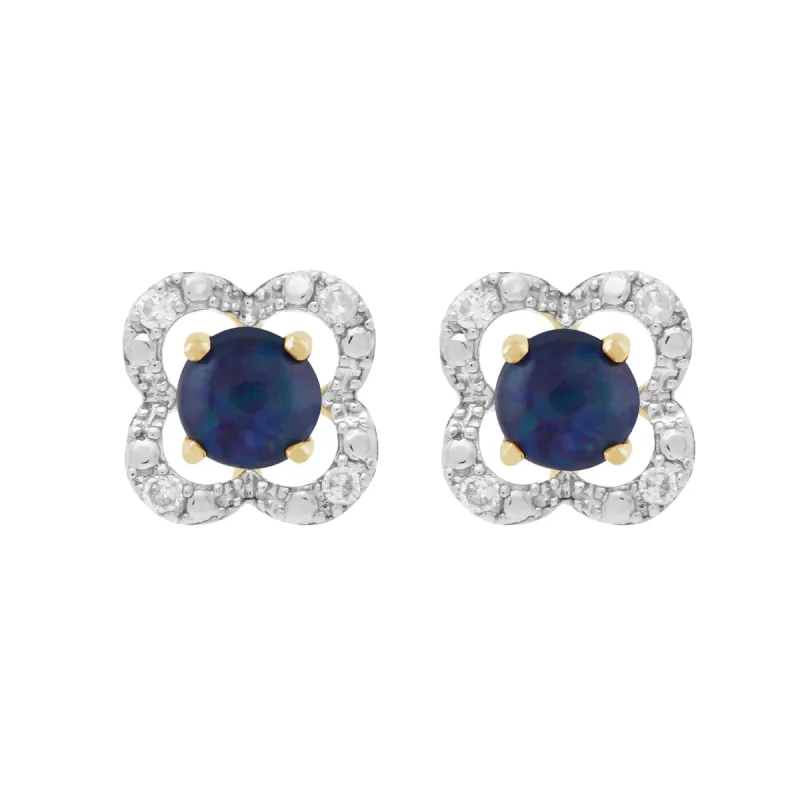 Classic Round Triplet Opal Studs with Detachable Diamond Floral Ear Jacket in 9ct Yellow Gold sold by Gemondo Jewellery