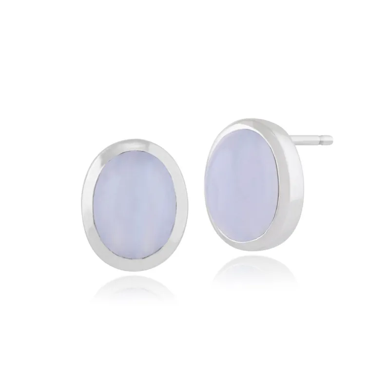 Classic Oval Blue Lace Agate Bezel Set Stud Earrings in 925 Sterling Silver sold by Gemondo Jewellery