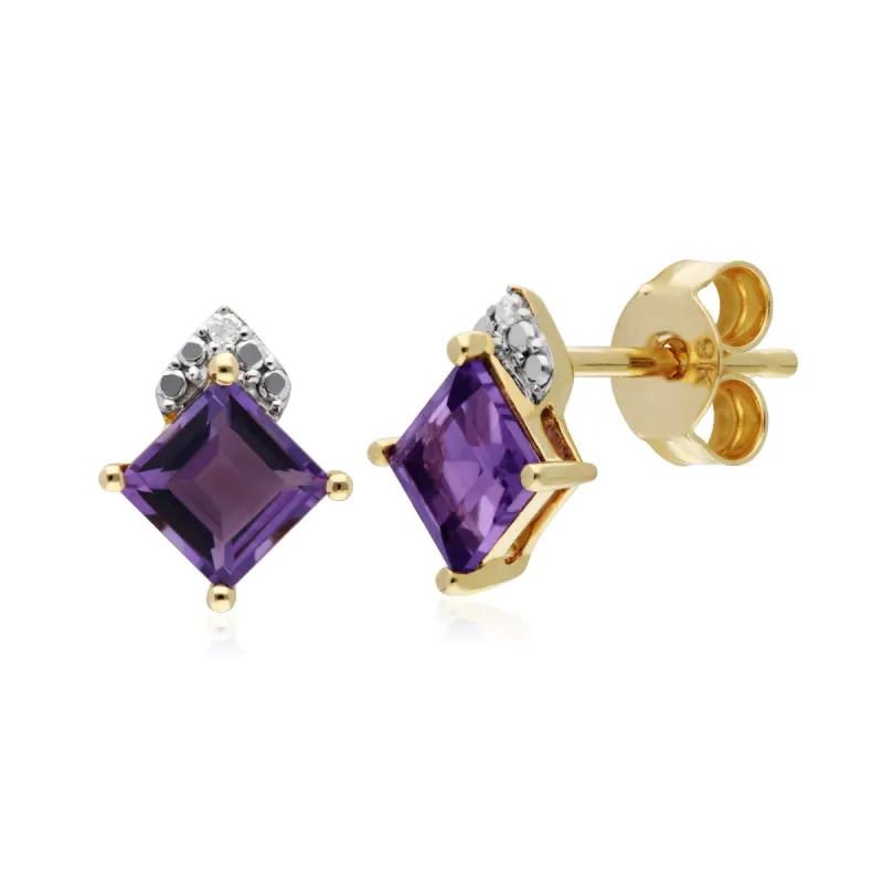 Gemondo 9ct Yellow Gold Amethyst & Diamond Square Stud Earrings sold by Gemondo Jewellery