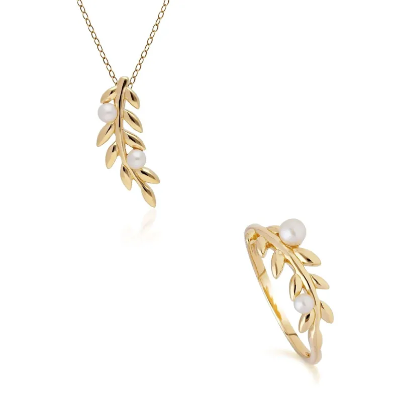 O Leaf Pearl Pendant & Ring Set in Gold Plated 925 Sterling Silver sold by Gemondo Jewellery