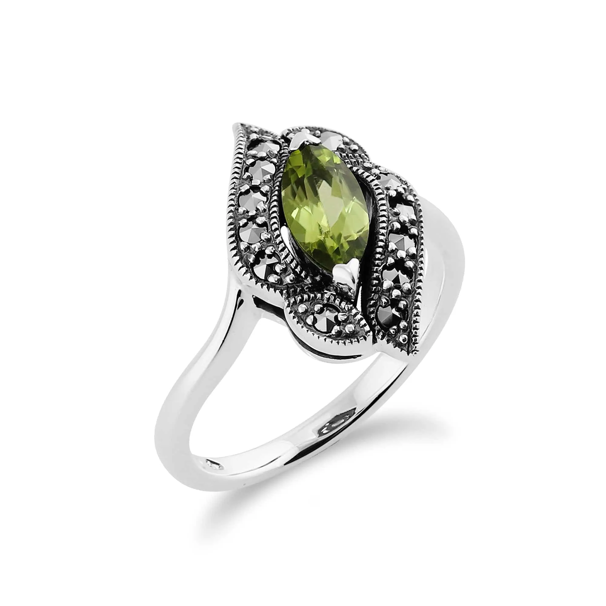 Art Nouveau Style Marquise Peridot & Marcasite Silver Ring sold by Gemondo Jewellery product image thumbnail 2