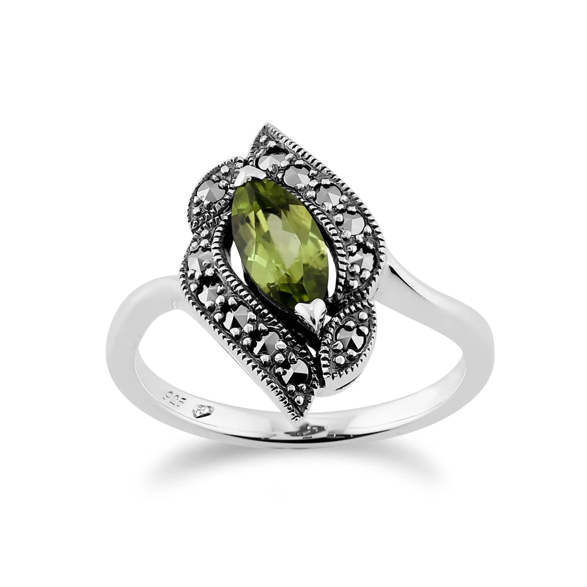 Art Nouveau Style Marquise Peridot & Marcasite Silver Ring sold by Gemondo Jewellery