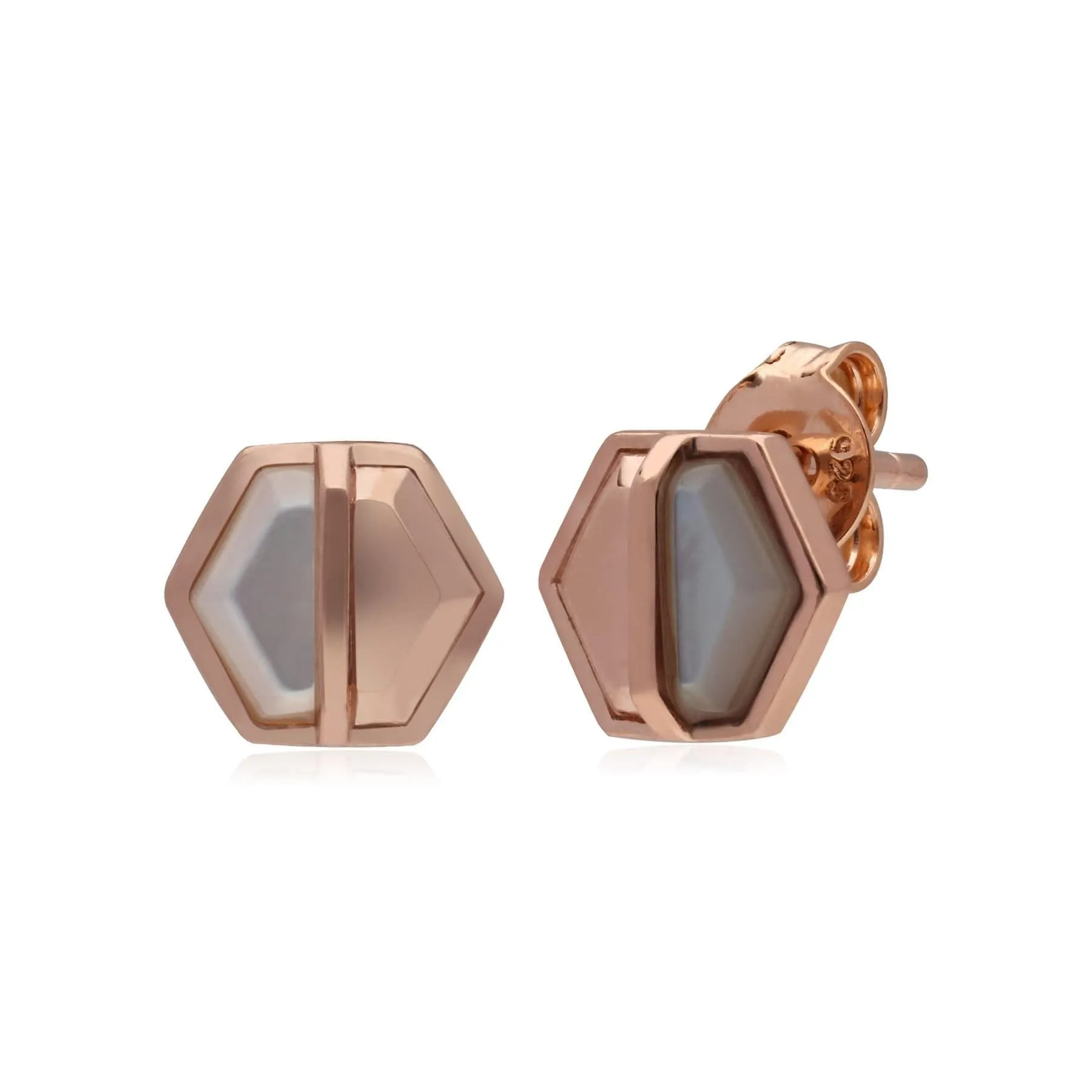 Micro Statement Mother of Pearl Hexagon Stud Earrings in Rose Gold Plated Silver sold by Gemondo Jewellery