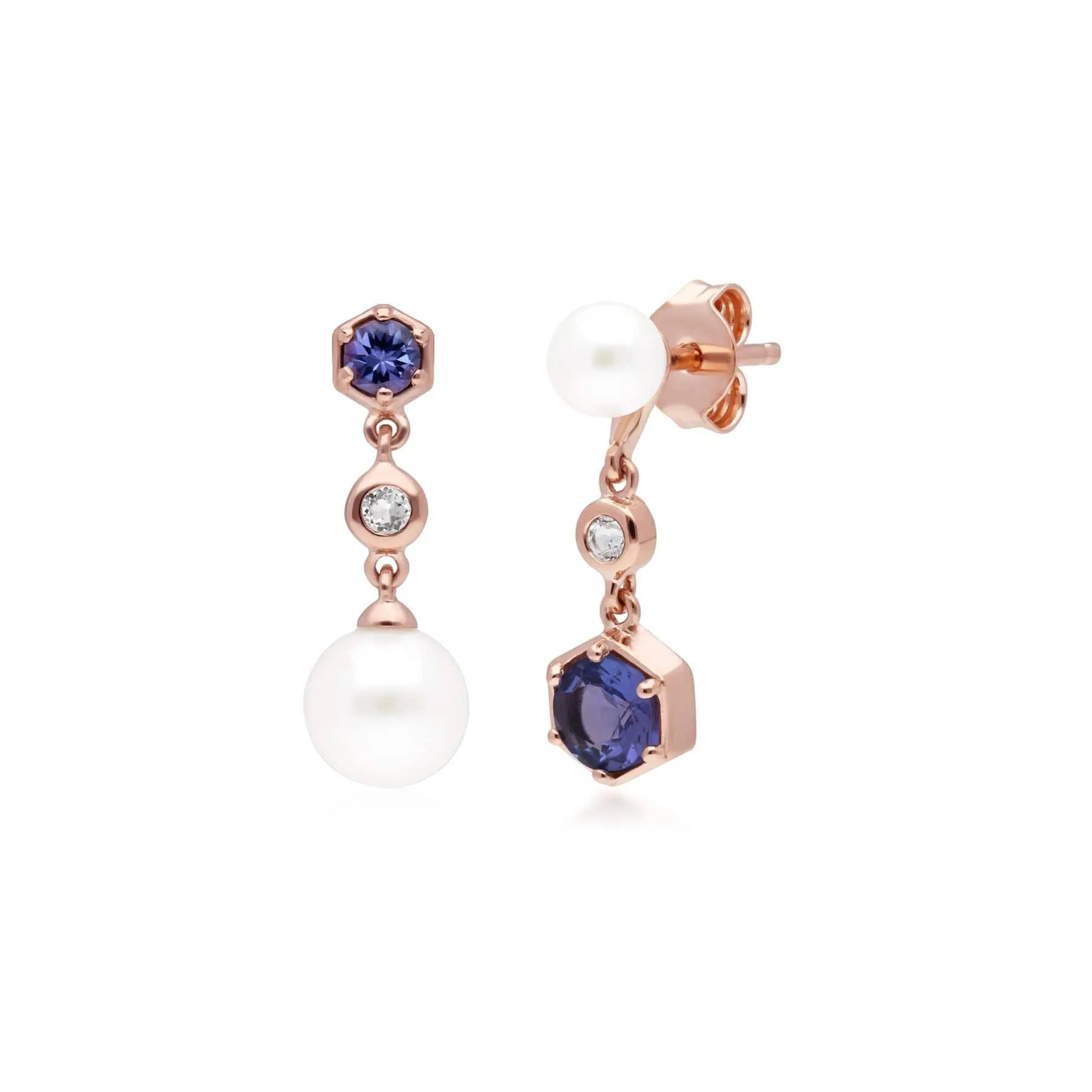 Modern Pearl, Tanzanite & Topaz Mismatched Drop Earrings in Rose Gold Plated Silver sold by Gemondo Jewellery