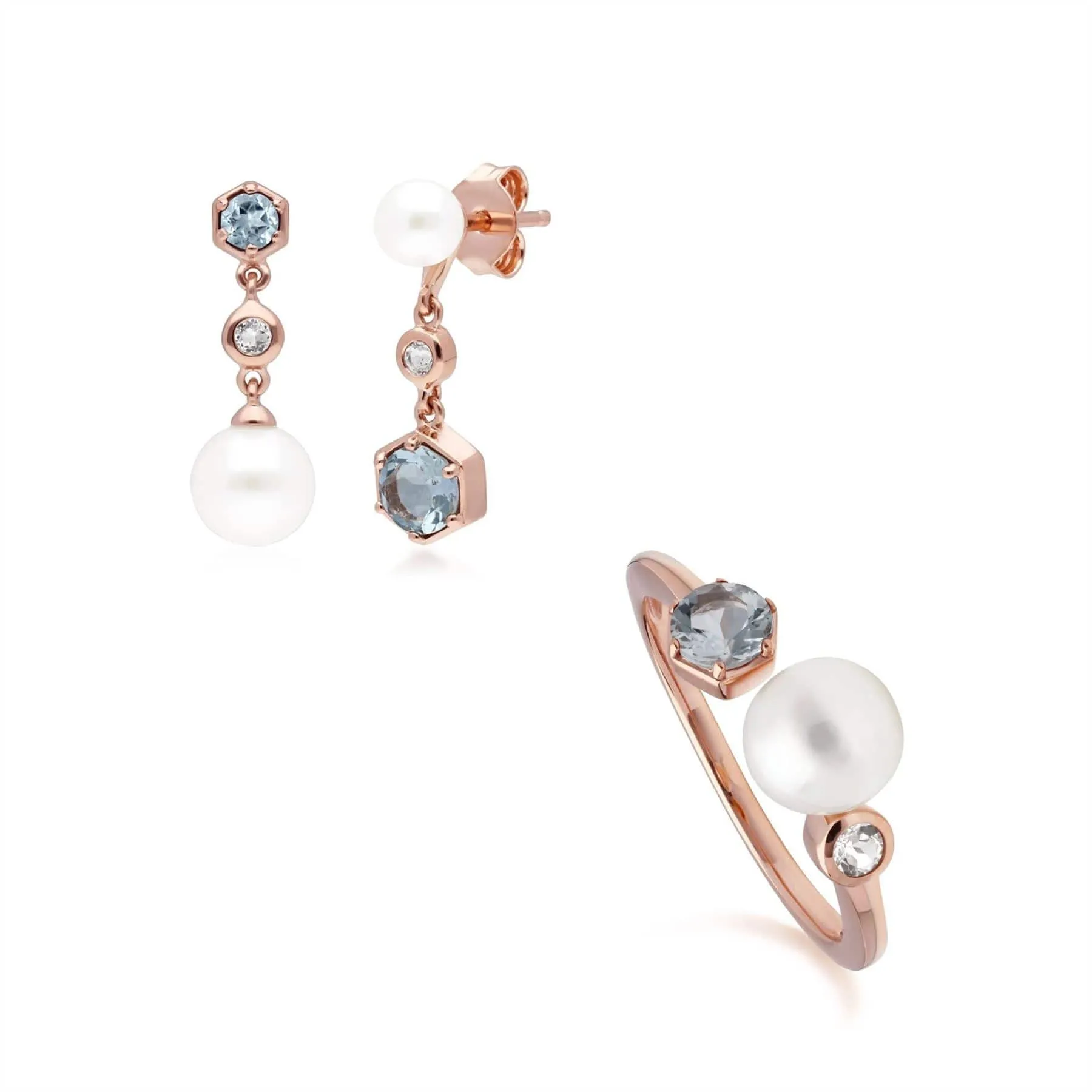 Modern Pearl, Aquamarine & Topaz Earring & Ring Set in Rose Gold Plated Silver sold by Gemondo Jewellery