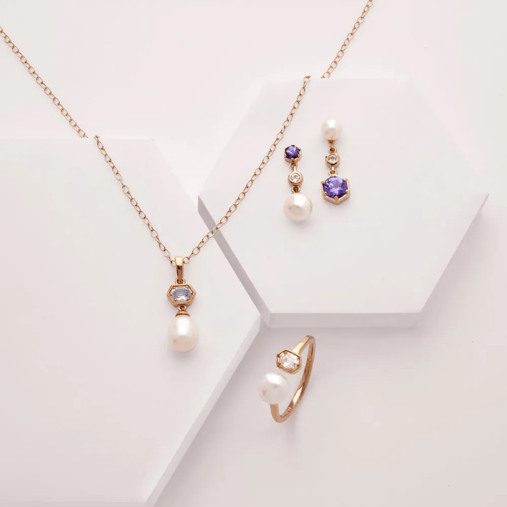 Modern Pearl, Tanzanite & Topaz Mismatched Drop Earrings in Rose Gold Plated Silver sold by Gemondo Jewellery product image thumbnail 2