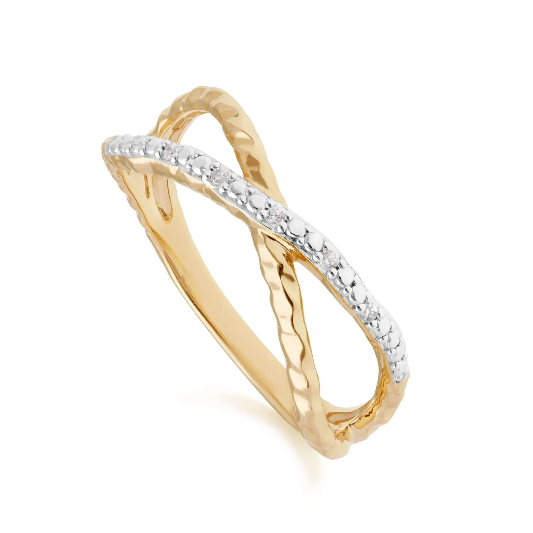 Diamond Pavé Hammered Crossover Ring in 9ct Yellow Gold sold by Gemondo Jewellery