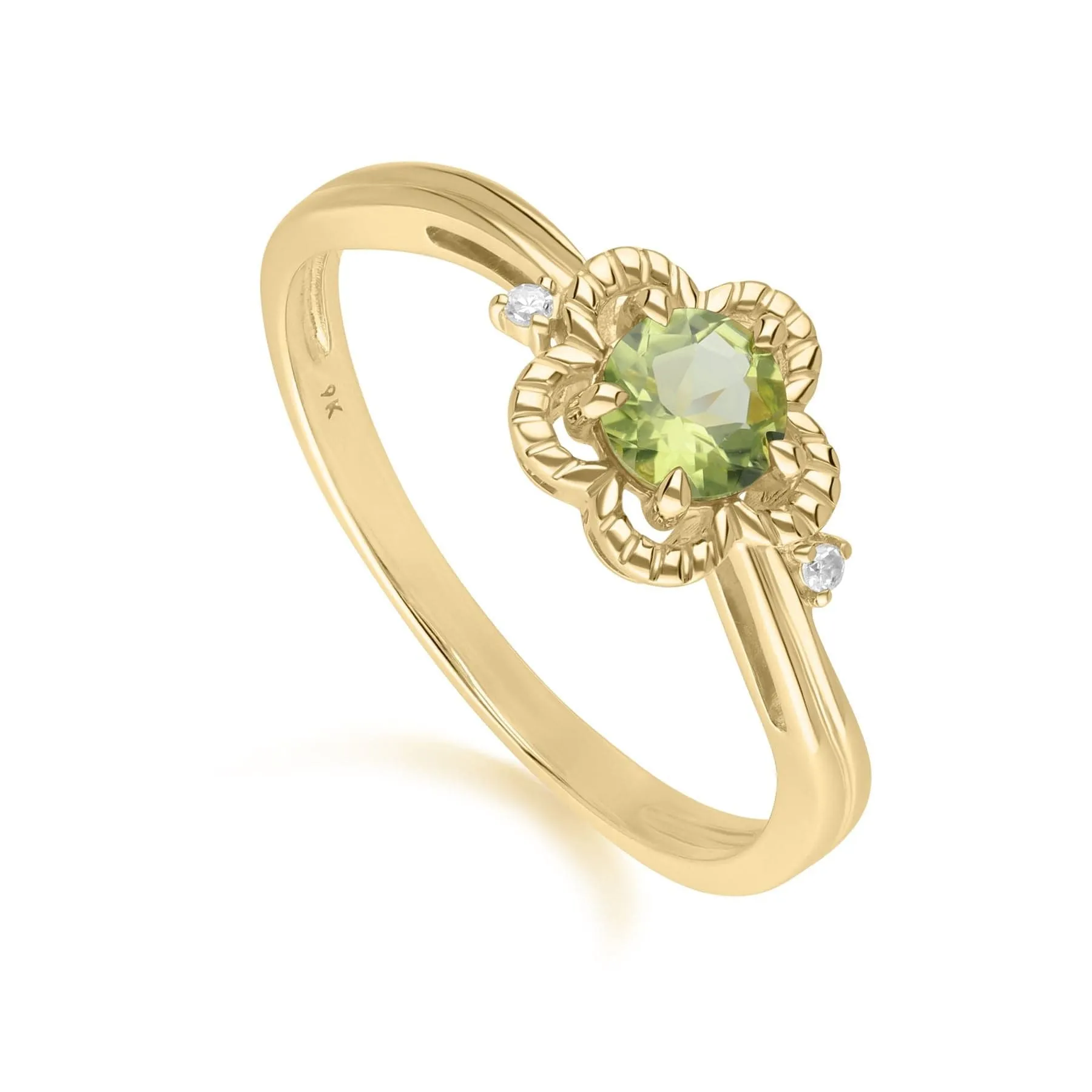 Floral Round Peridot & Diamond Ring in 9ct Yellow Gold sold by Gemondo Jewellery