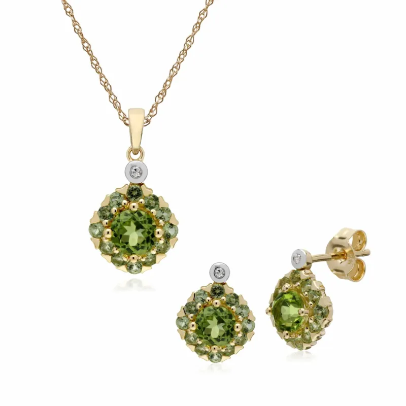 Classic Round Peridot & Diamond Square Cluster Stud Earrings & Pendant Set in 9ct Yellow Gold sold by Gemondo Jewellery