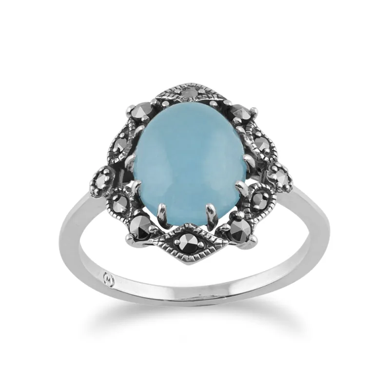 Art Nouveau Style Oval Blue Jade Cabochon & Marcasite Statement Ring in 925 Sterling Silver sold by Gemondo Jewellery