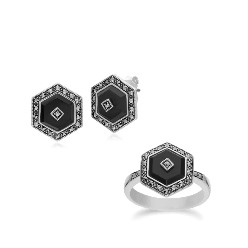 Art Deco Style Black Onyx and Marcasite Hexagon Stud Earrings & Ring Set in 925 Sterling Silver sold by Gemondo Jewellery