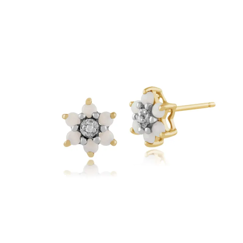 Floral Round Opal & Diamond Stud Earrings in 9ct Yellow Gold sold by Gemondo Jewellery