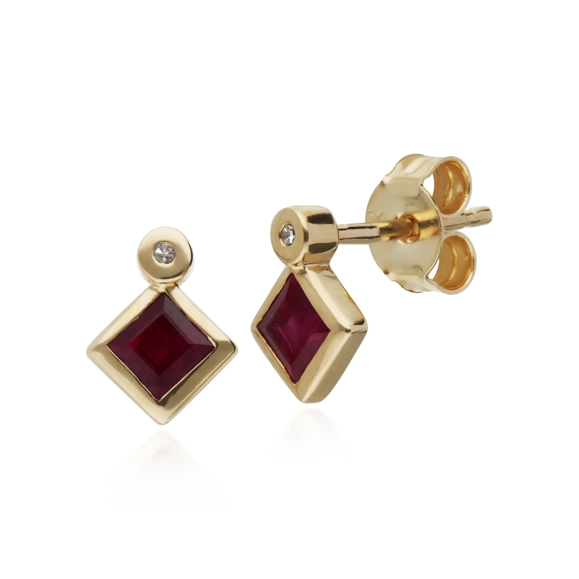 Geometric Square Ruby & Diamond Stud Earrings in 9ct Yellow Gold sold by Gemondo Jewellery