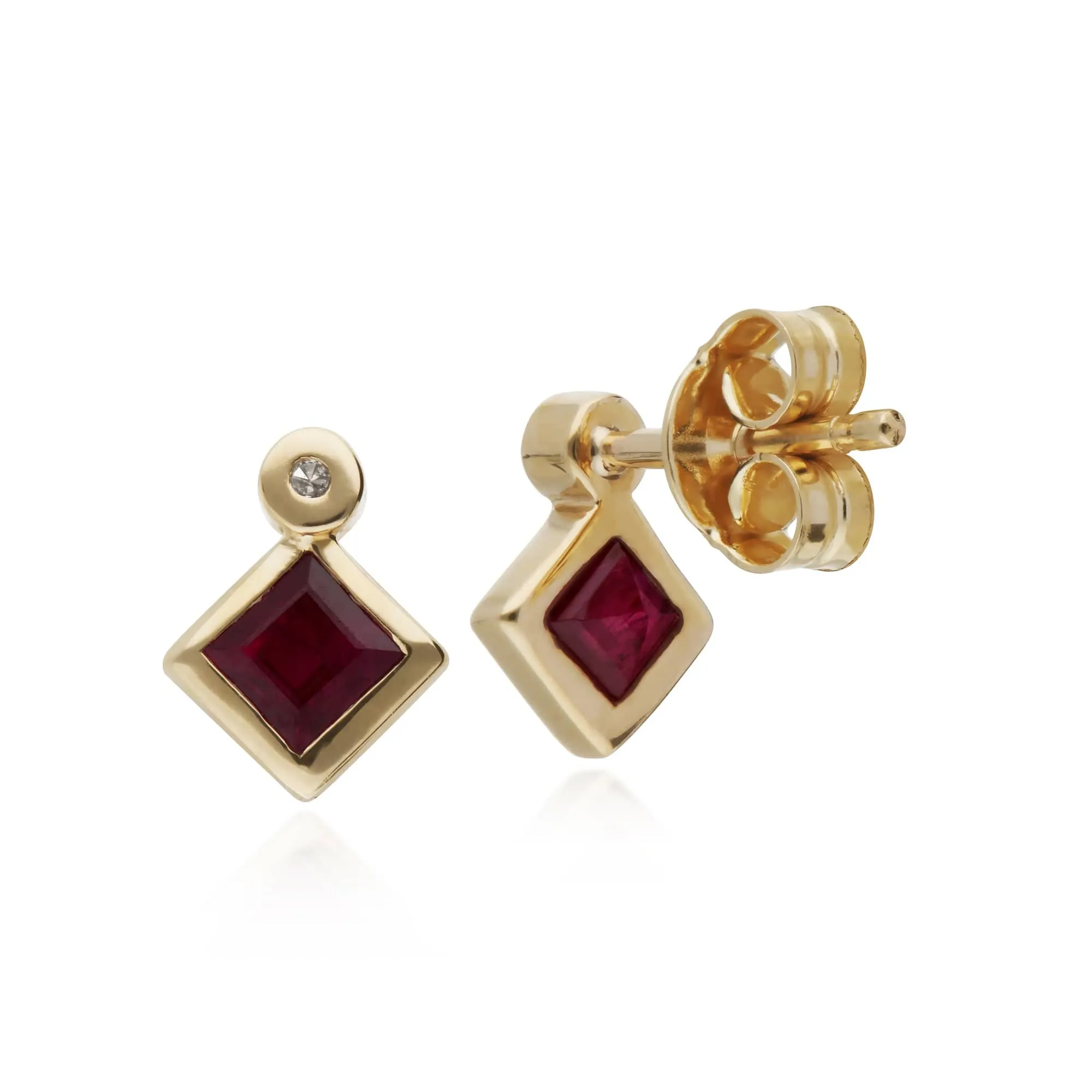 Geometric Square Ruby & Diamond Stud Earrings in 9ct Yellow Gold sold by Gemondo Jewellery product image thumbnail 2