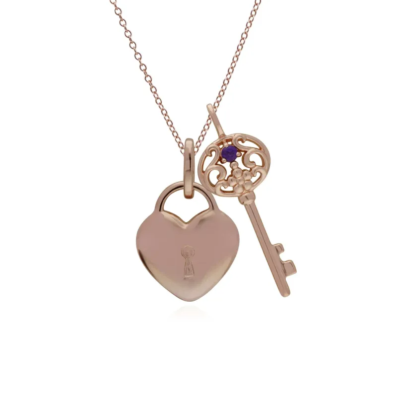 Classic Heart Lock Pendant & Amethyst Big Key Charm in Rose Gold Plated 925 Sterling Silver sold by Gemondo Jewellery