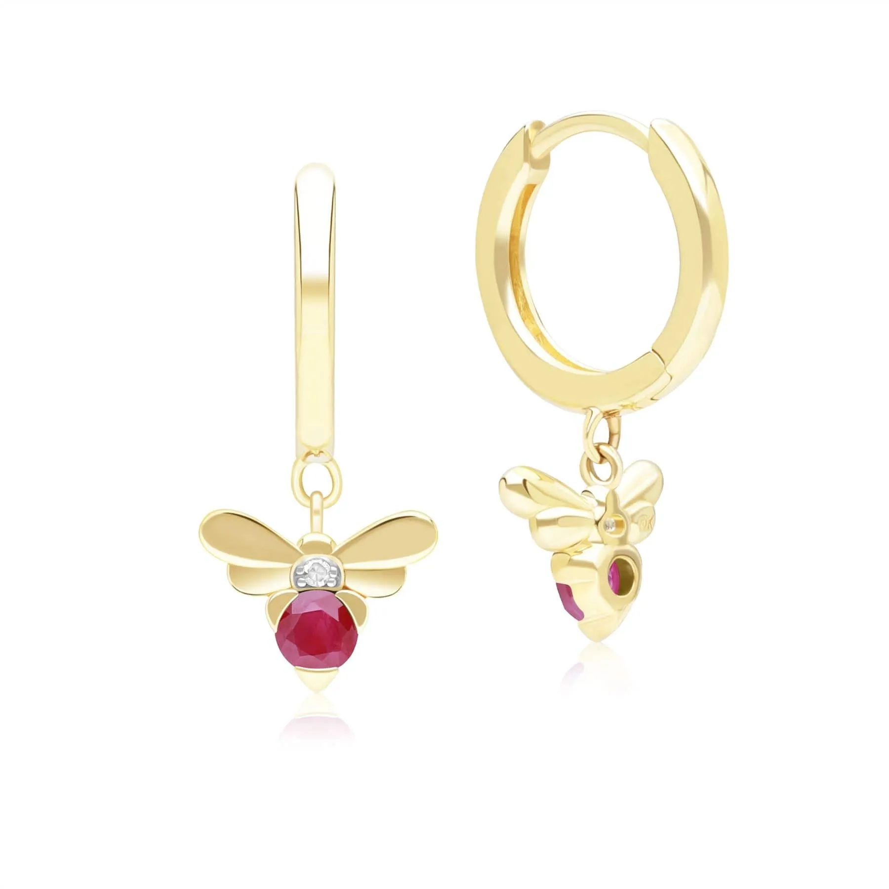 Honeycomb Inspired Ruby and Diamond Bee Hoop Earrings in 9ct Yellow Gold sold by Gemondo Jewellery product image thumbnail 3