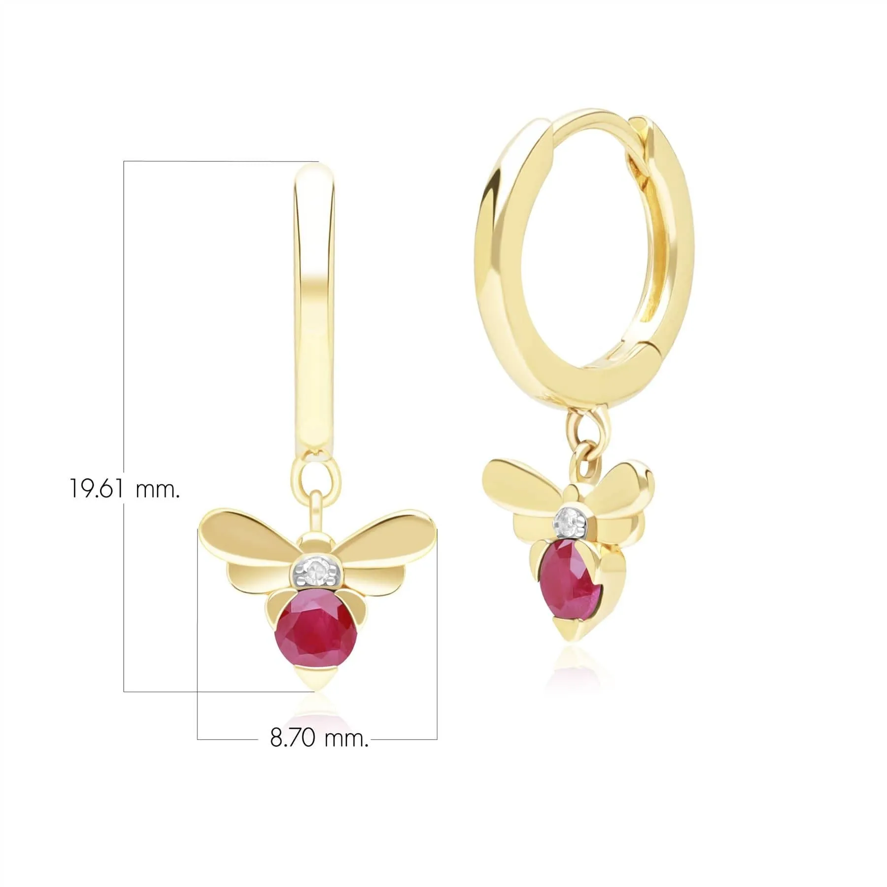 Honeycomb Inspired Ruby and Diamond Bee Hoop Earrings in 9ct Yellow Gold sold by Gemondo Jewellery product image thumbnail 4
