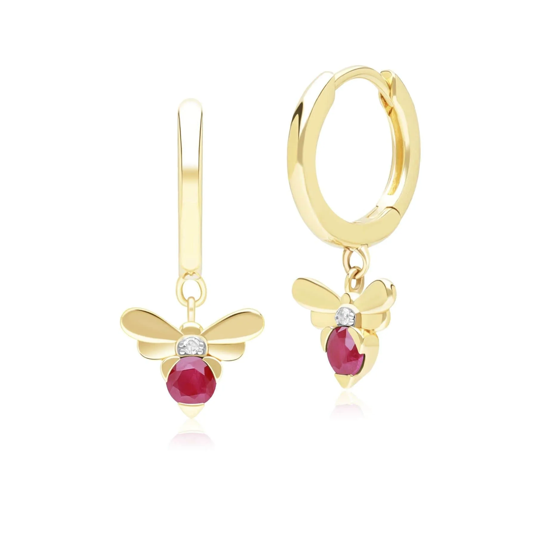 Honeycomb Inspired Ruby and Diamond Bee Hoop Earrings in 9ct Yellow Gold sold by Gemondo Jewellery