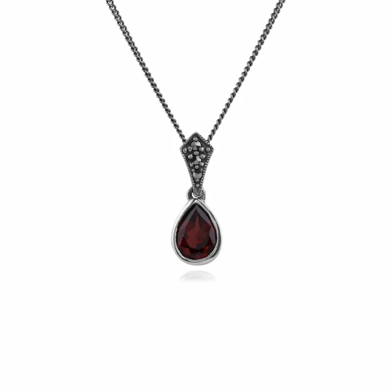 Art Deco Style Oval Pear Garnet & Marcasite Pendant in 925 Sterling Silver sold by Gemondo Jewellery