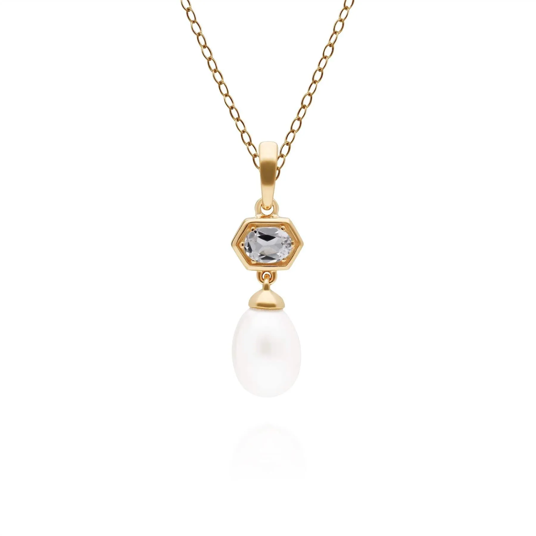 Modern Pearl & White Topaz Hexagon Drop Pendant in Gold Plated Silver sold by Gemondo Jewellery