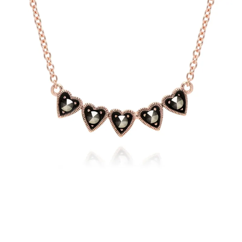 Rose Gold Plated Round Marcasite 5 Small Heart Necklace in 925 Sterling Silver sold by Gemondo Jewellery