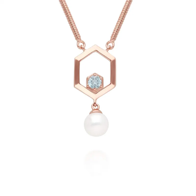 Modern Pearl & Aquamarine Hexagon Drop Necklace in Rose Gold Plated Silver sold by Gemondo Jewellery