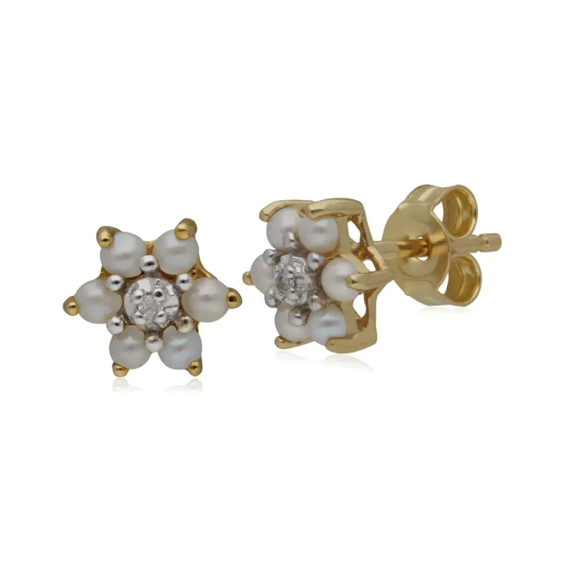 Classic Floral Pearl & Diamond Stud Earrings in 9ct Yellow Gold sold by Gemondo Jewellery