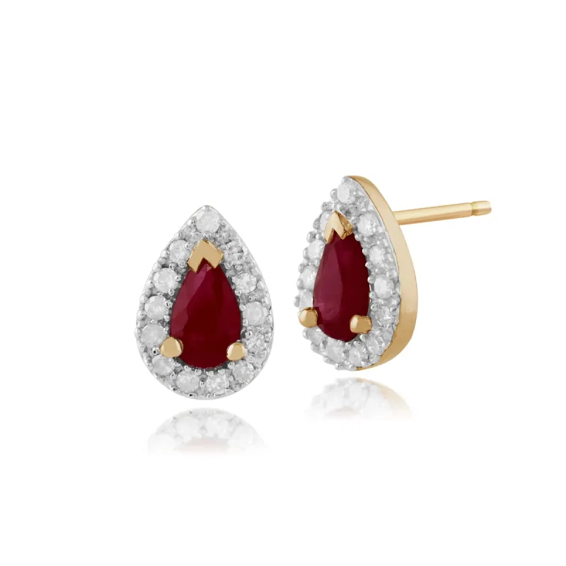 Classic Pear Ruby & Diamond Cluster Stud Earrings in 9ct Yellow Gold sold by Gemondo Jewellery