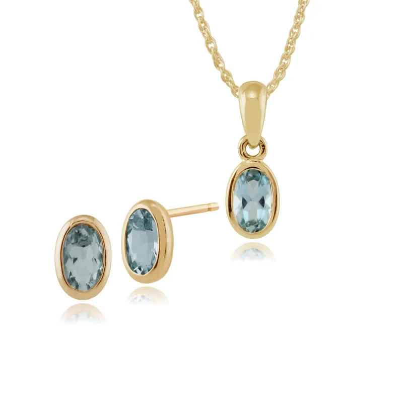 Classic Oval Aquamarine Bezel Stud Earrings & Pendant Set in 9ct Yellow Gold sold by Gemondo Jewellery