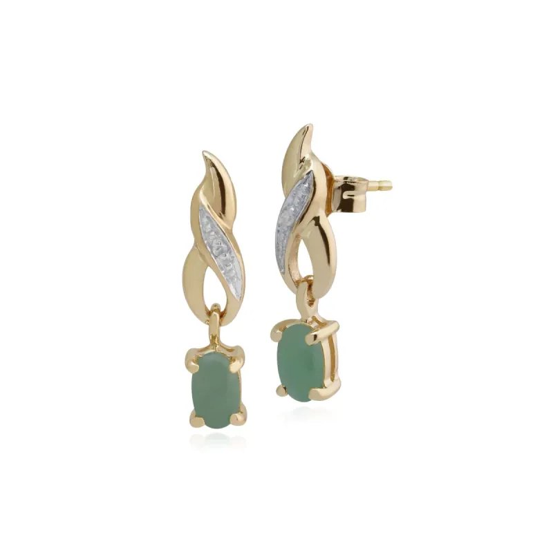 Classic Oval Jade & Diamond Twist Drop Earrings in 9ct Yellow Gold sold by Gemondo Jewellery