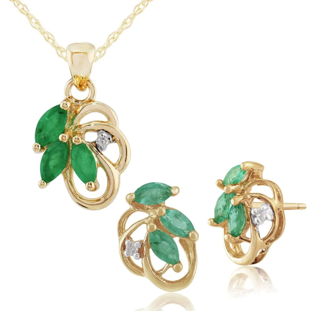 Art Nouveau Style Style Marquise Emerald & Diamond Leaf Stud Earrings & Pendant Set in 9ct Yellow Gold sold by Gemondo Jewellery