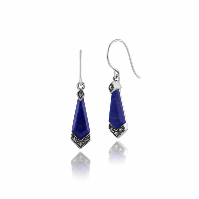Art Deco Style Diamond Lapis Lazuli Cabochon & Marcasite Drop Earrings in 925 Sterling Silver sold by Gemondo Jewellery