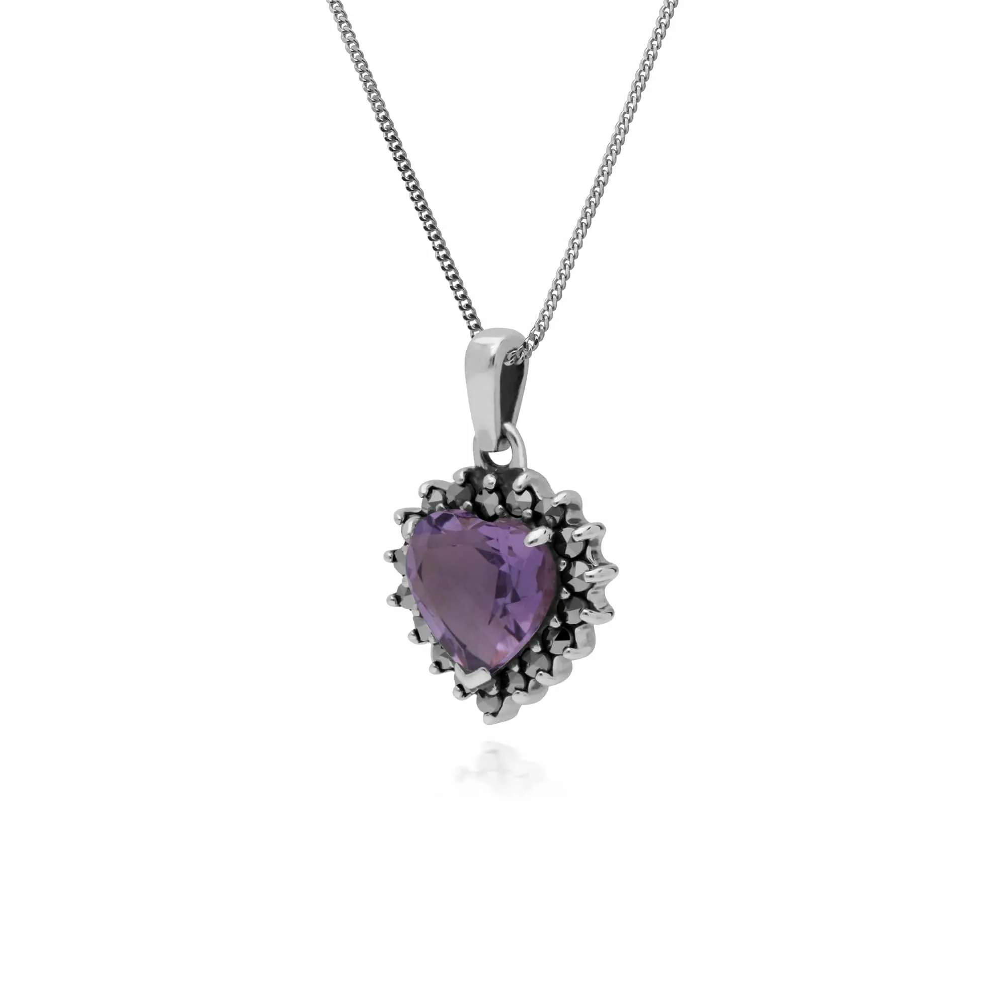 Art Deco Style Heart Amethyst & Marcasite Halo Pendant in 925 Sterling Silver sold by Gemondo Jewellery product image thumbnail 2