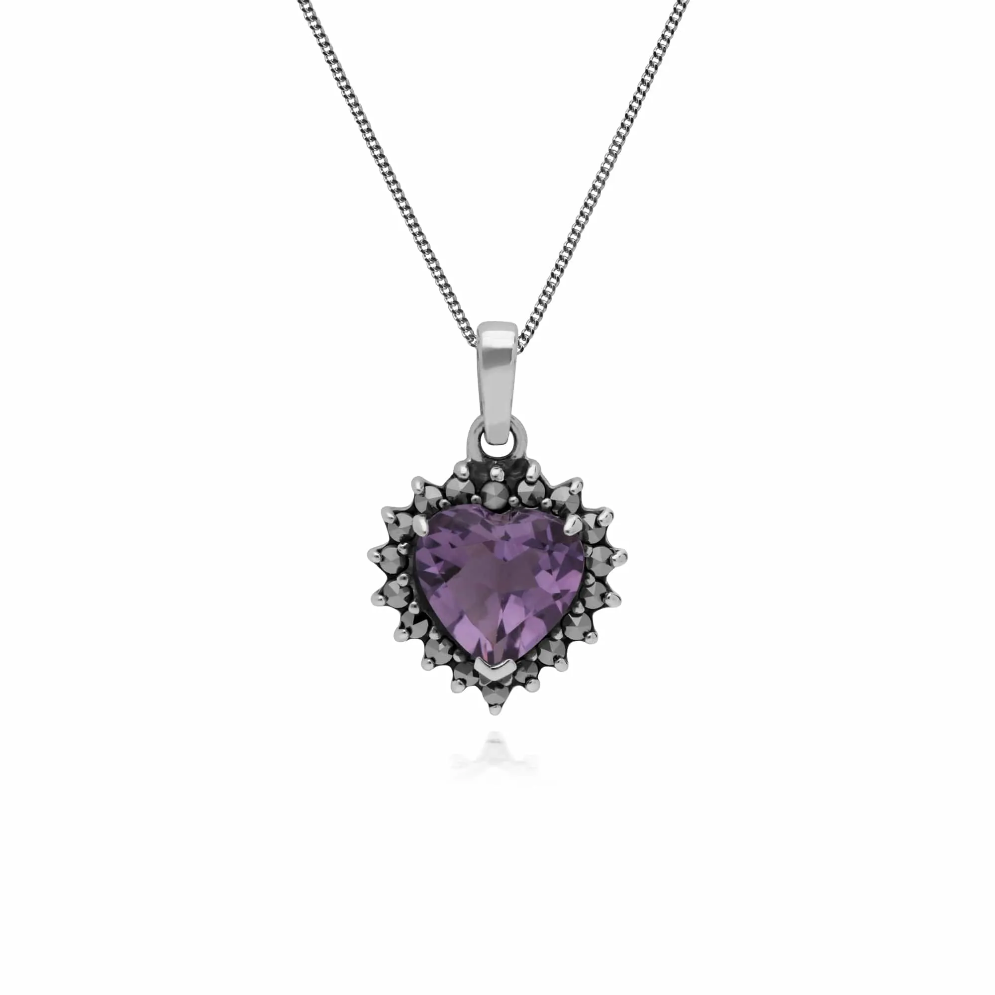 Art Deco Style Heart Amethyst & Marcasite Halo Pendant in 925 Sterling Silver sold by Gemondo Jewellery