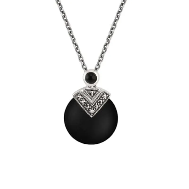 Art Deco Style Round Black Onyx & Marcasite Pendant in 925 Sterling Silver sold by Gemondo Jewellery