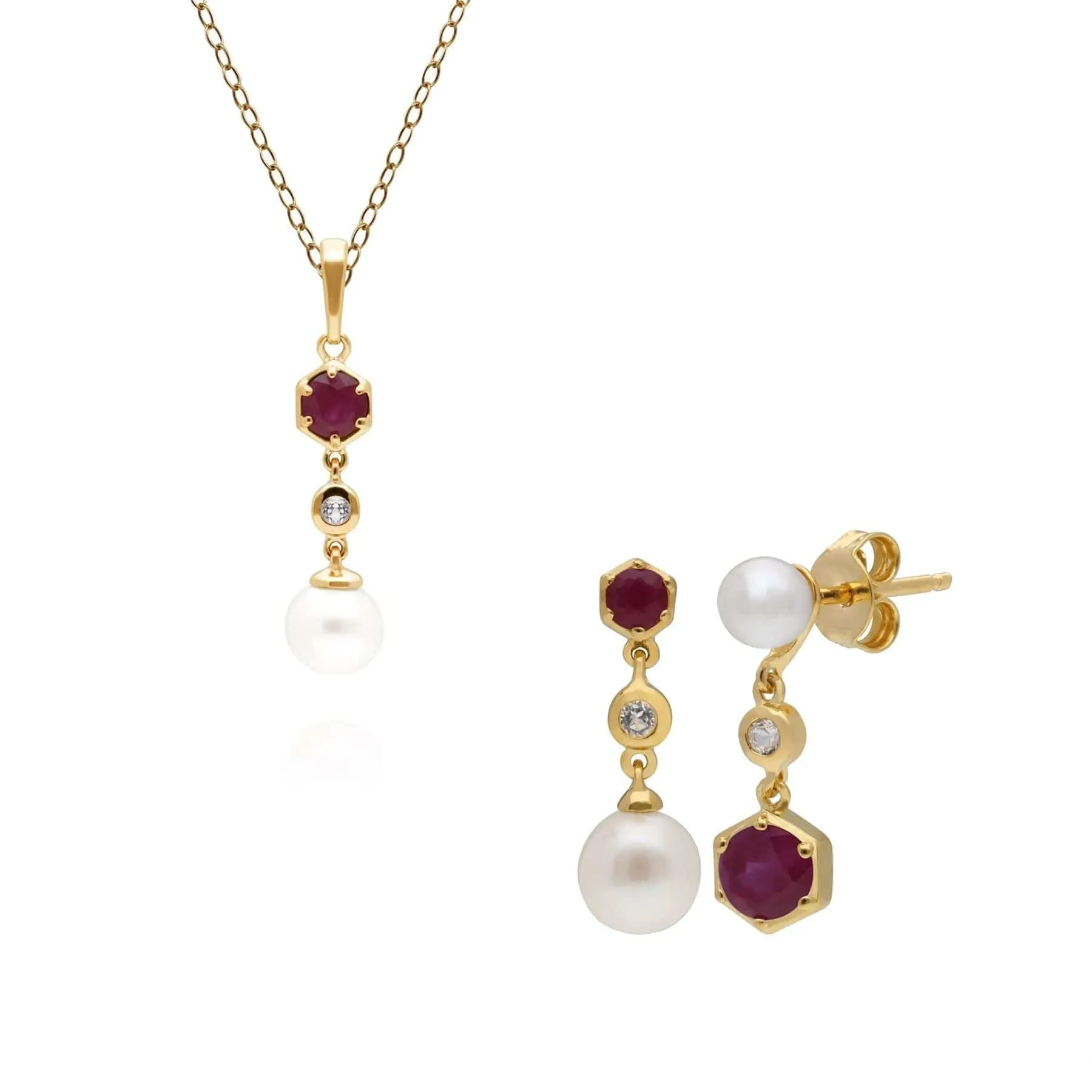Modern Pearl, Topaz & Ruby Pendant & Earring Set in Gold Plated Silver sold by Gemondo Jewellery