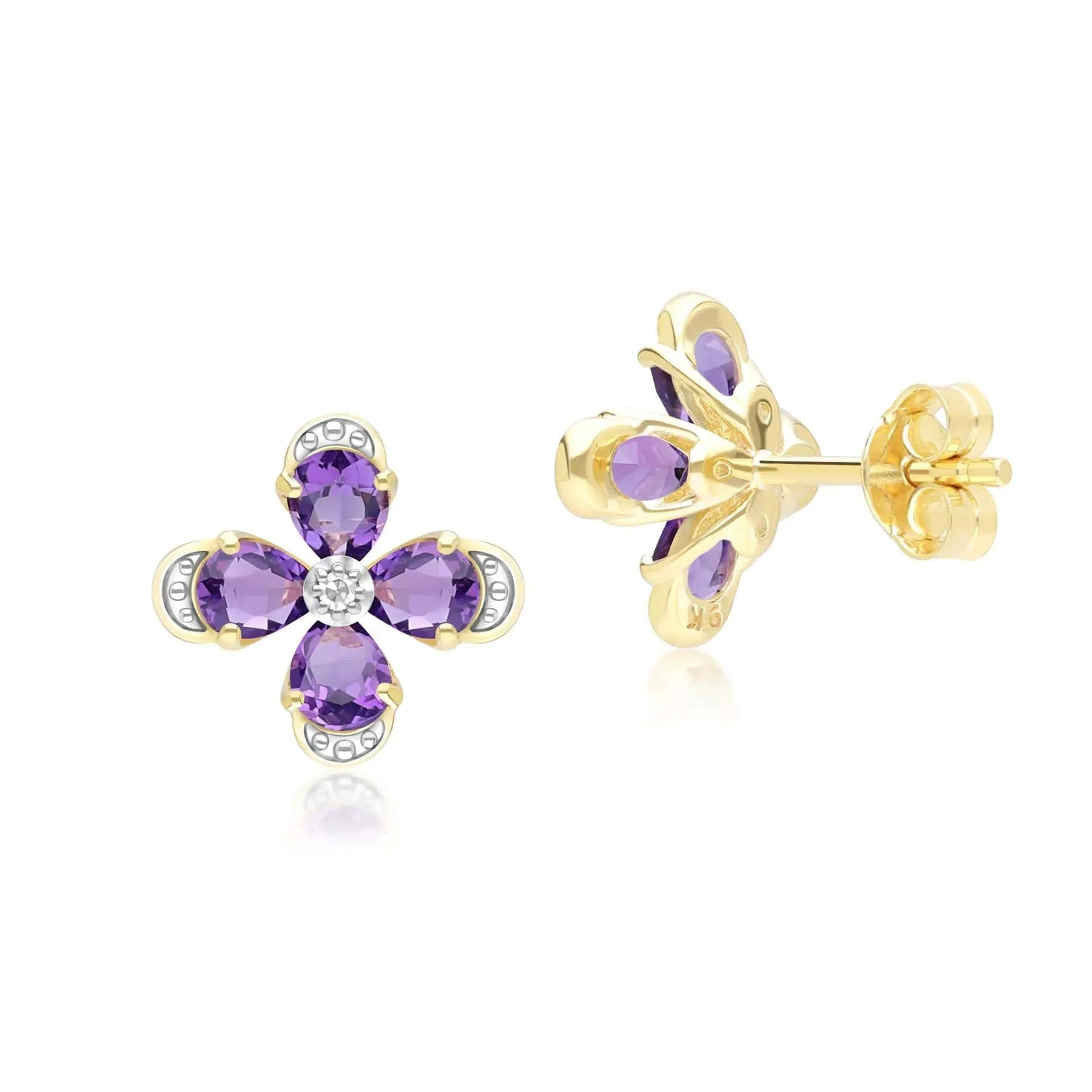 Floral Amethyst & Diamond Stud Earrings in 9ct Yellow Gold sold by Gemondo Jewellery product image thumbnail 3