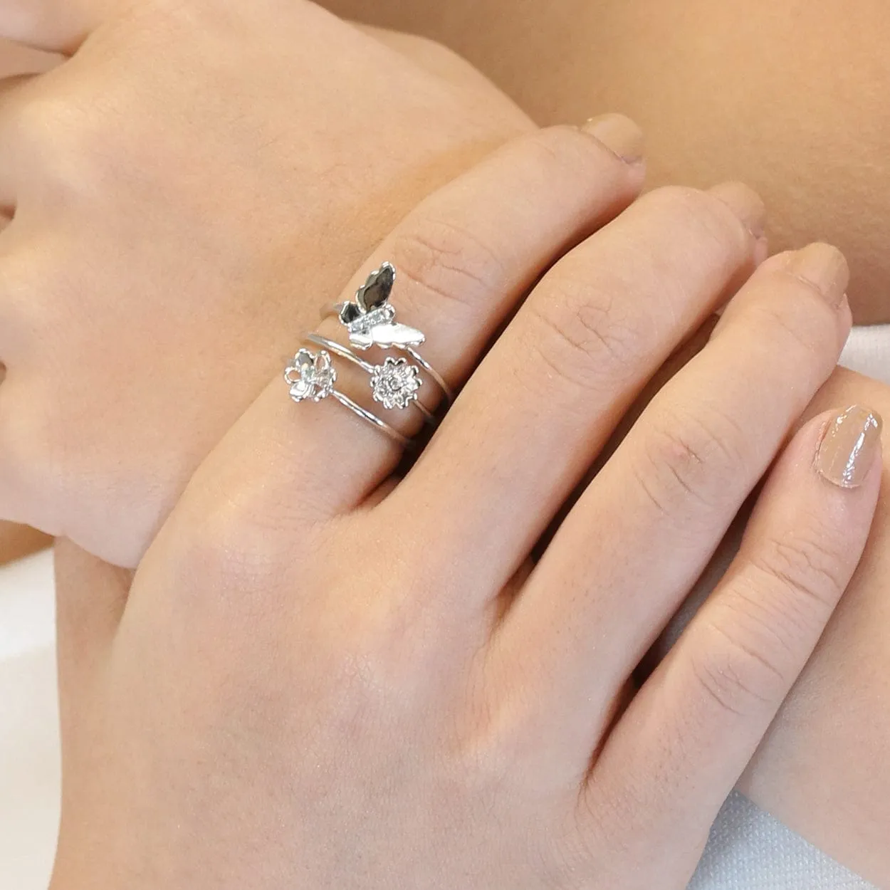 Floral Round Blue Topaz & Diamond Butterfly and Flowers Three Stack Ring Set in 9ct White Gold sold by Gemondo Jewellery product image thumbnail 3