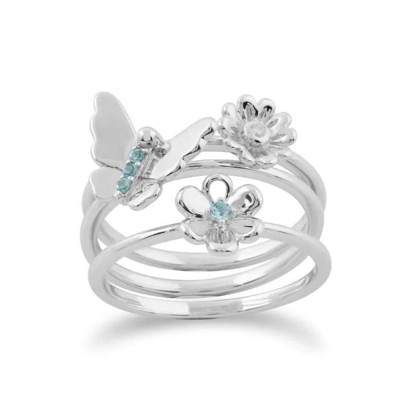 Floral Round Blue Topaz & Diamond Butterfly and Flowers Three Stack Ring Set in 9ct White Gold sold by Gemondo Jewellery