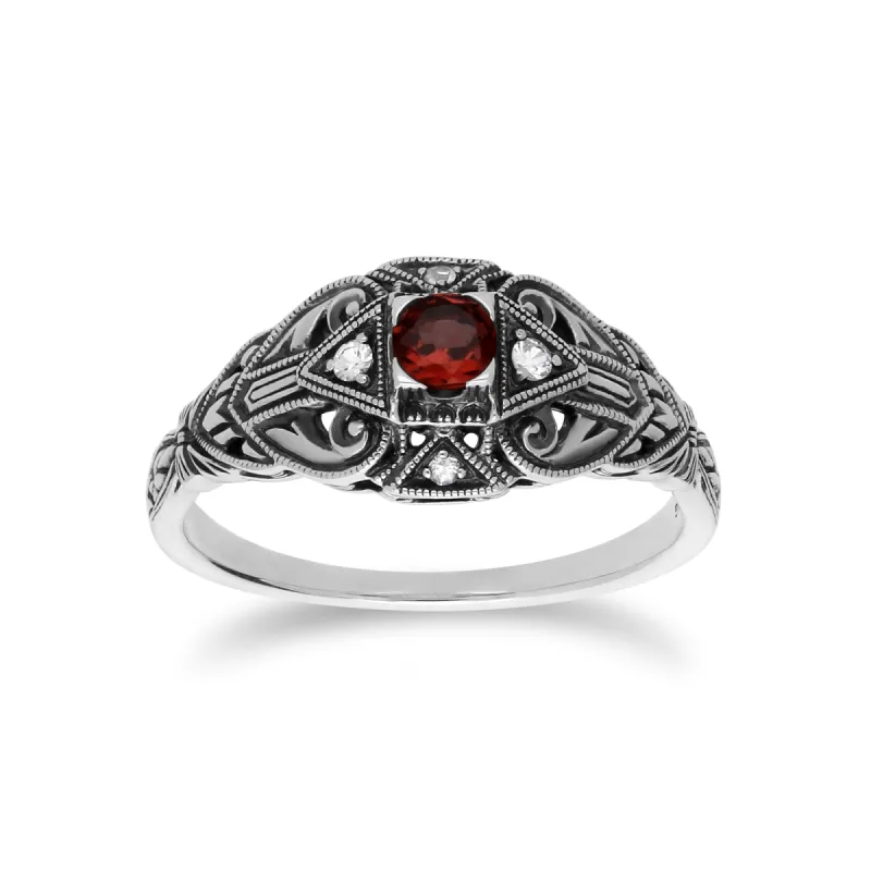 Art Deco Style Round Garnet & White Topaz Ring in 925 Sterling Silver sold by Gemondo Jewellery