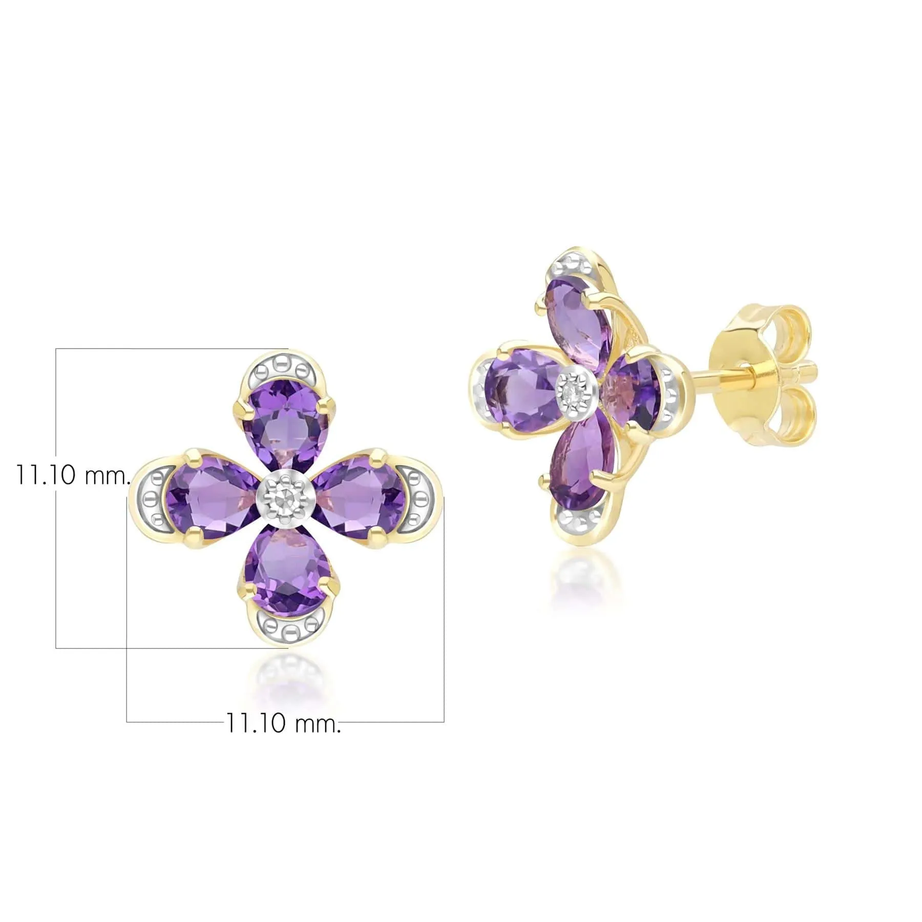Floral Amethyst & Diamond Stud Earrings in 9ct Yellow Gold sold by Gemondo Jewellery product image thumbnail 4