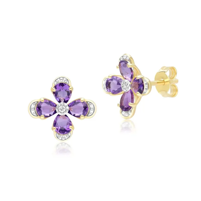 Floral Amethyst & Diamond Stud Earrings in 9ct Yellow Gold sold by Gemondo Jewellery