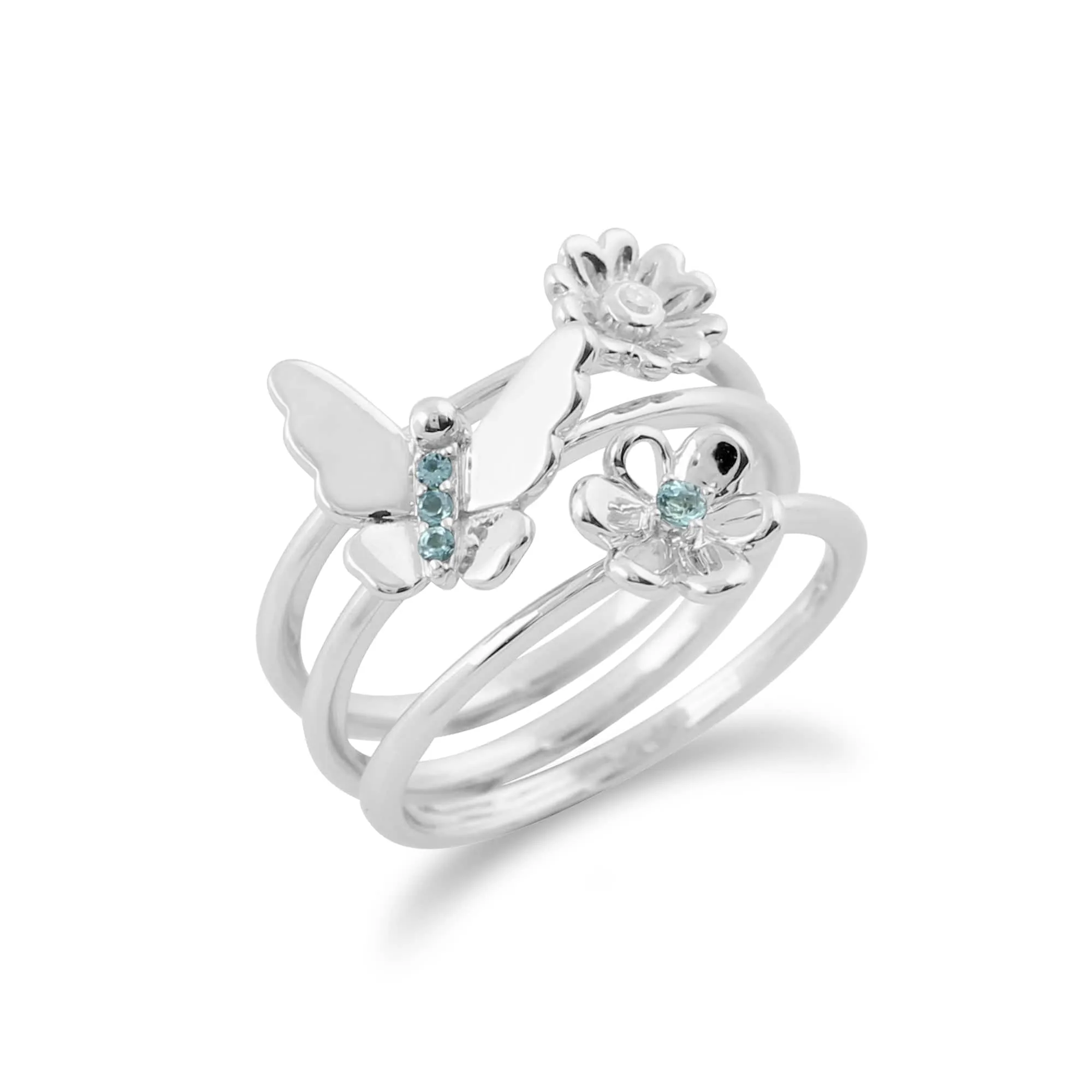 Floral Round Blue Topaz & Diamond Butterfly and Flowers Three Stack Ring Set in 9ct White Gold sold by Gemondo Jewellery product image thumbnail 2