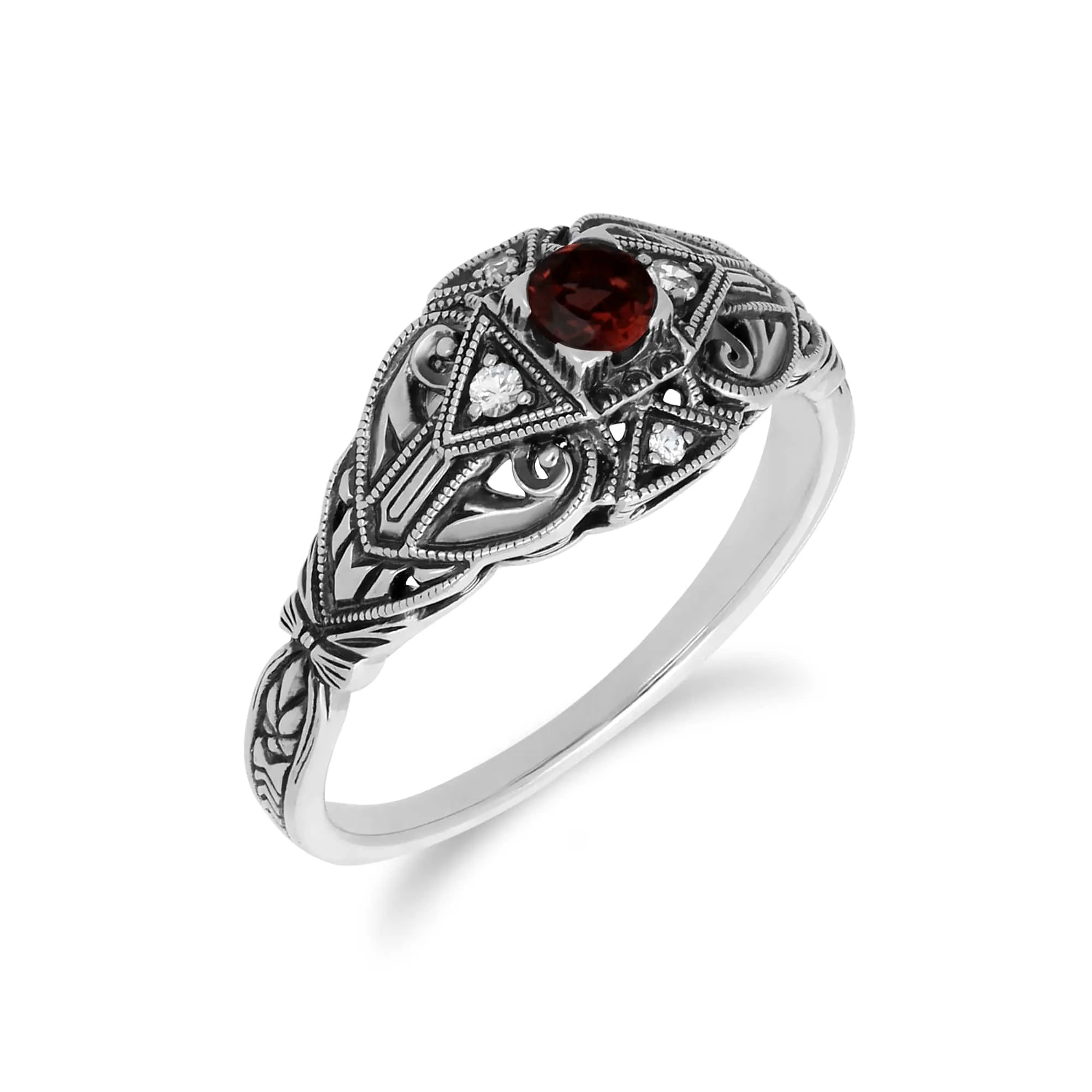 Art Deco Style Round Garnet & White Topaz Ring in 925 Sterling Silver sold by Gemondo Jewellery product image thumbnail 2