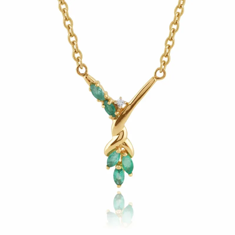 Floral Marquise Emerald & Diamond Necklace in 9ct Yellow Gold sold by Gemondo Jewellery
